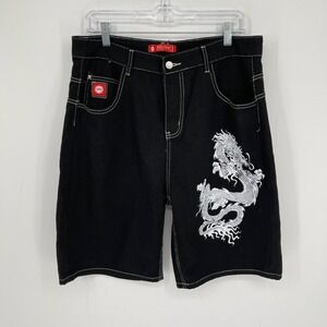 JNCO Jeans Men's Y2K Black Dragon Graphic Wide Leg Skater Denim Shorts Size 2XL
